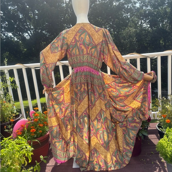 SILK Elegant Paisley Long Sleeve wrap Dress with Pink Trim - Picture 5 of 6